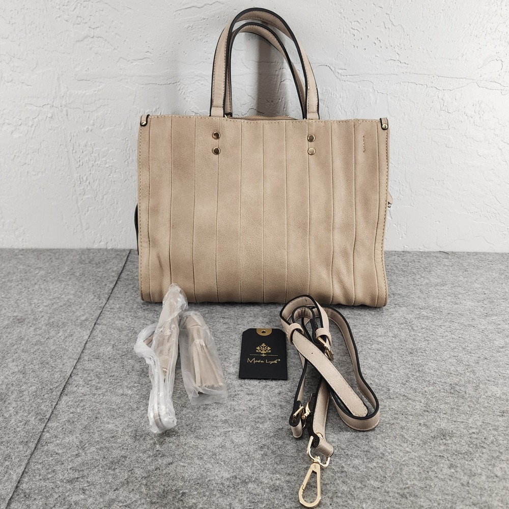 Moda Luxe Tan PU Leather Pleated Triple Compartment Handbag Purse Tote Bag Women